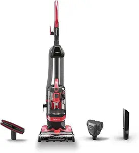 The Kenmore FeatherLite Upright Vacuum Cleaner with Hair Eliminator DU1096. The vacuum features a lightweight, upright design with a bright color scheme and a specialized brush for eliminating pet hair. The packaging highlights its easy maneuverability and effective cleaning capabilities, including a detailed view of the vacuum’s components and features for handling various floor types and pet hair.