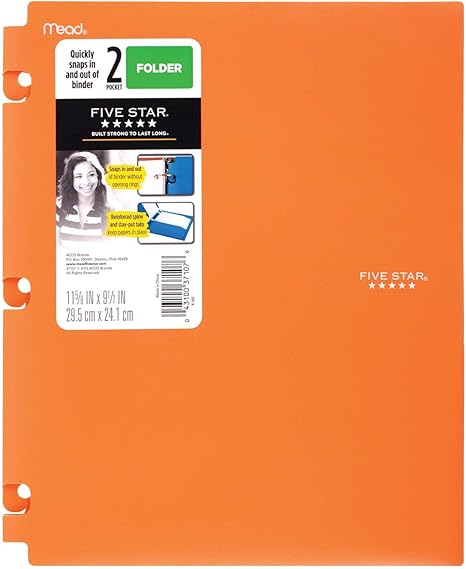 Snap-in Plastic Folder for Binders 2 Pocket - Five Star/Dimensions 9.5 X11.62 Sheet Capacity: 120 (Orange)