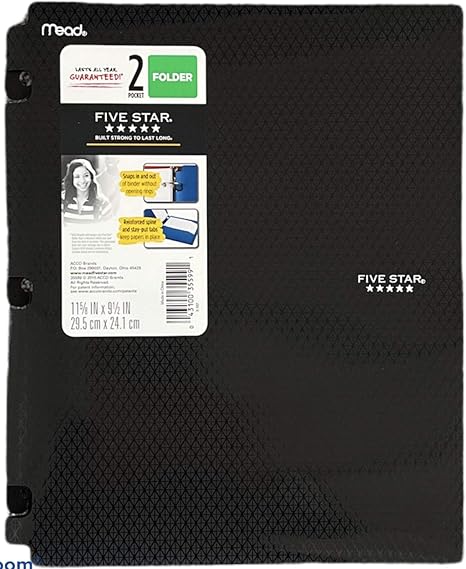 Snap-in Plastic Folder for Binders 2 Pocket - Five Star/Dimensions 9.5 X11.62 Sheet Capacity: 120 (Black)