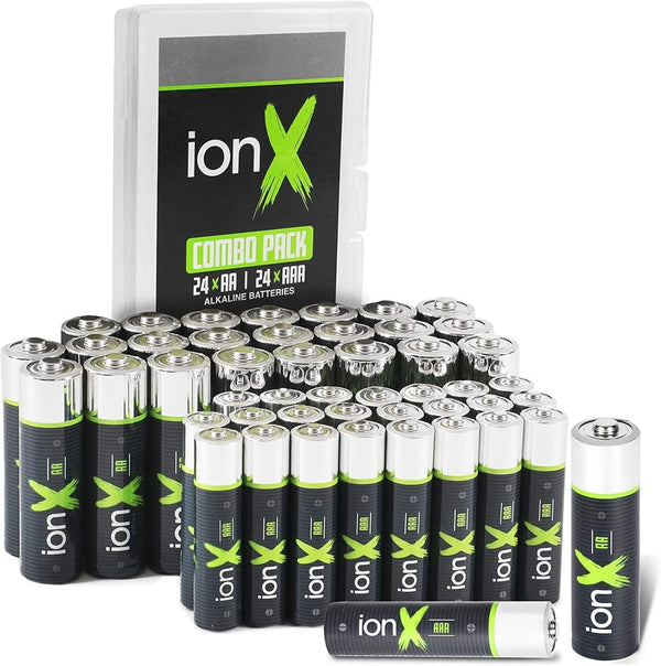 Batteries - 24 AA and 24 AAA High Performance Alkaline 1.5 Volt Battery Combo Pack in Durable Reusable Plastic Storage Case by IonX