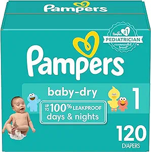 A Super Pack of Pampers Baby Dry Diapers in size 1, containing 120 diapers. The packaging features a clear, practical design with images highlighting the diaper’s absorbent and comfortable features. The label emphasizes the large pack size and the size of the diapers, showcasing their effectiveness in providing long-lasting dryness and comfort for newborns.