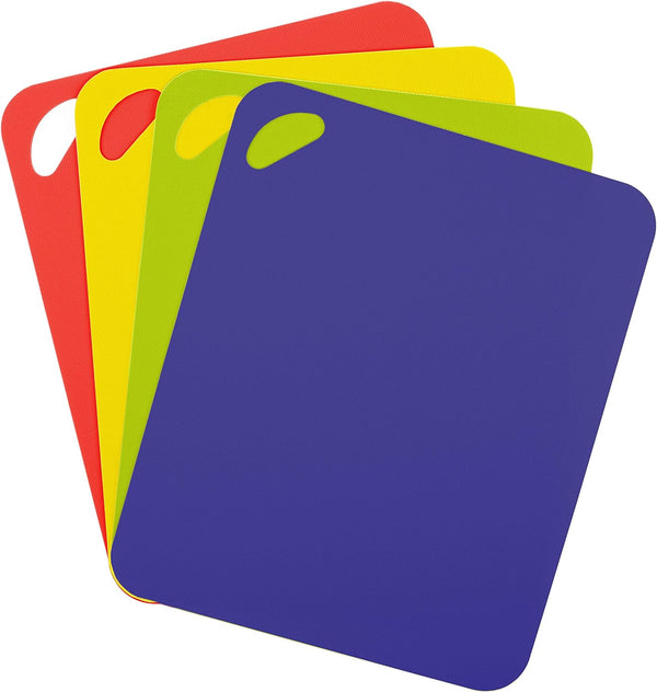 Red and yellow flexible cutting board set. Includes multiple boards with vibrant colors, designed for easy food preparation and flexible use. Ideal for preventing cross-contamination and easy storage.