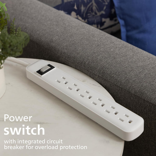 Philips 6-Outlet Surge Protector with 2ft Extension Cord, White