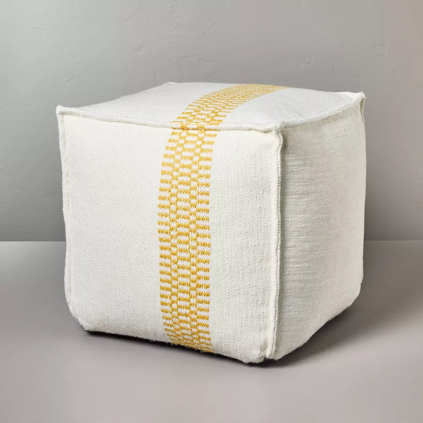 Checkered Stripe Indoor/Outdoor Ottoman Pouf Cream/Gold - Hearth & Handwith Magnolia