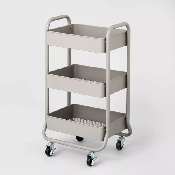 3 Tier Metal Utility Cart Gray - Brightroom™: Rolling, Locking Wheels, Mesh Shelves, Powder-Coated Steel